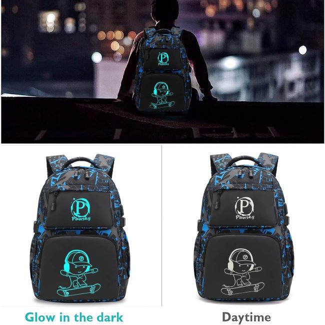 Teen boy wearing Pawsky luminous anime backpack with matching sling bag