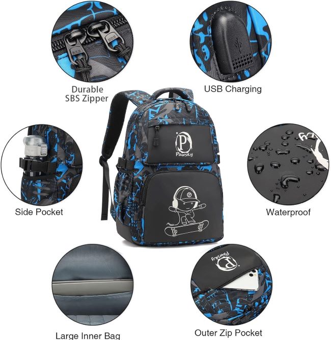 Close-up of Pawsky luminous school backpack showing laptop compartment and USB port
