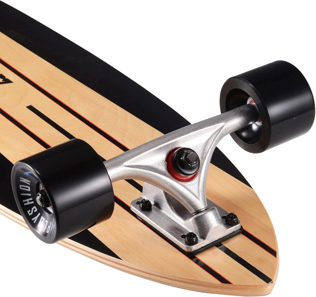 Close-up of Playshion Longboard deck and wheels for cruising review