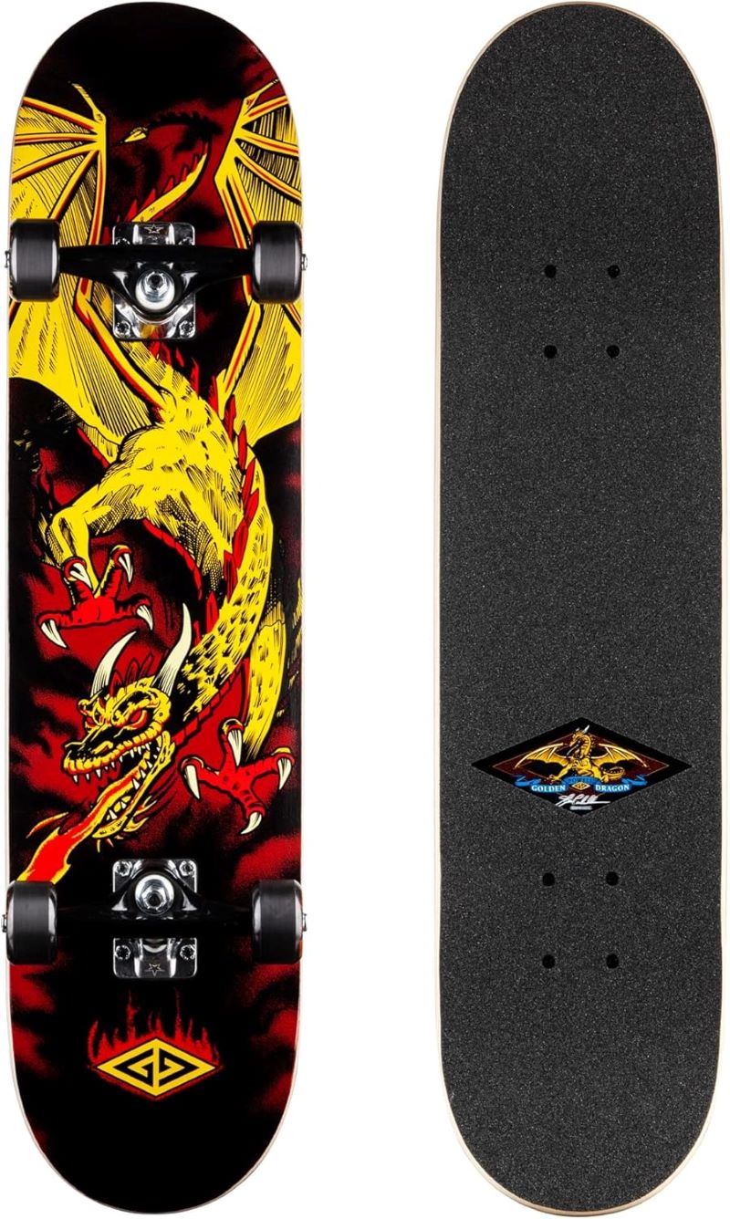 Powell Golden Dragon Flying Dragon 2 skateboard angled view on wooden floor