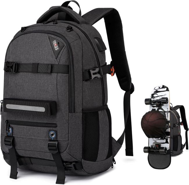 RUCYEN Skateboard and Laptop Backpack with USB charging and anti-theft lock