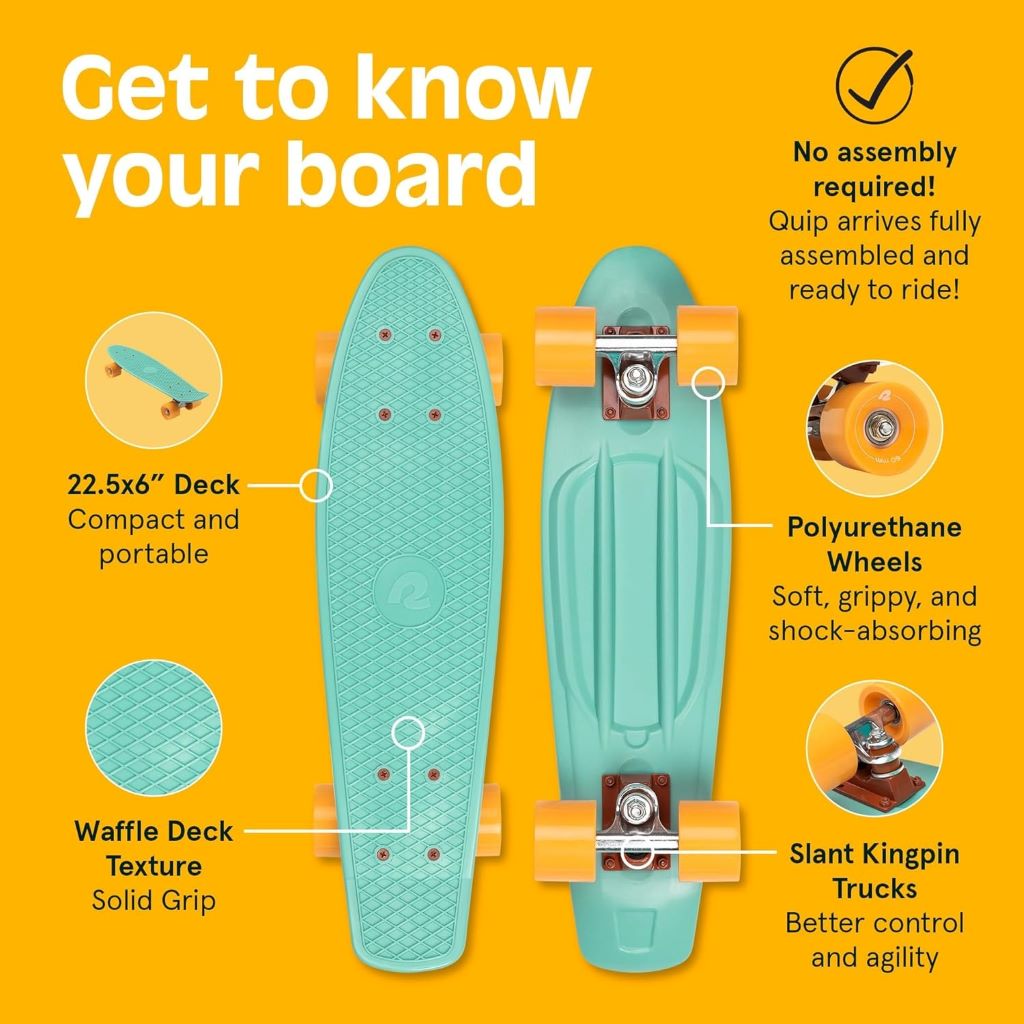 Close-up of Retrospec Quip Mini Cruiser showing molded waffle deck and PU wheels.