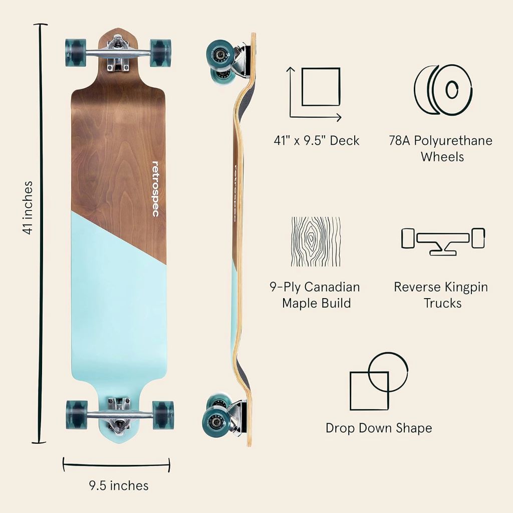 Rider cruising downhill on a Retrospec Tidal 41-inch longboard for smooth, stable performance