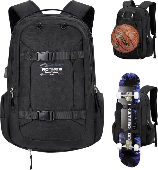 Ronyes skateboard and laptop backpack with USB charging port in black