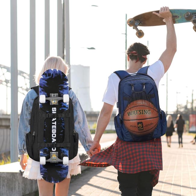 Black Ronyes longboard and laptop backpack with USB port for travel and school