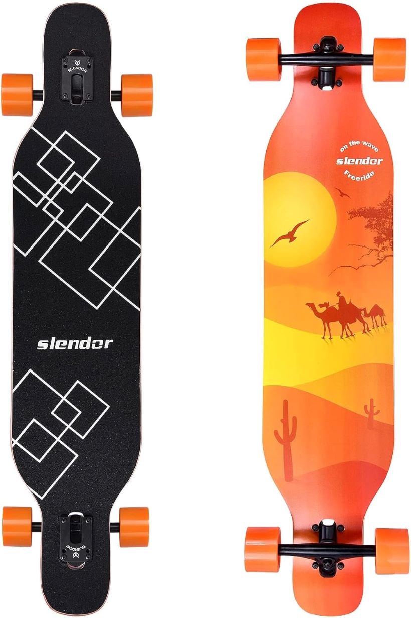 Slendor 42-inch drop-through longboard with maple deck for smooth cruising and freestyle riding.