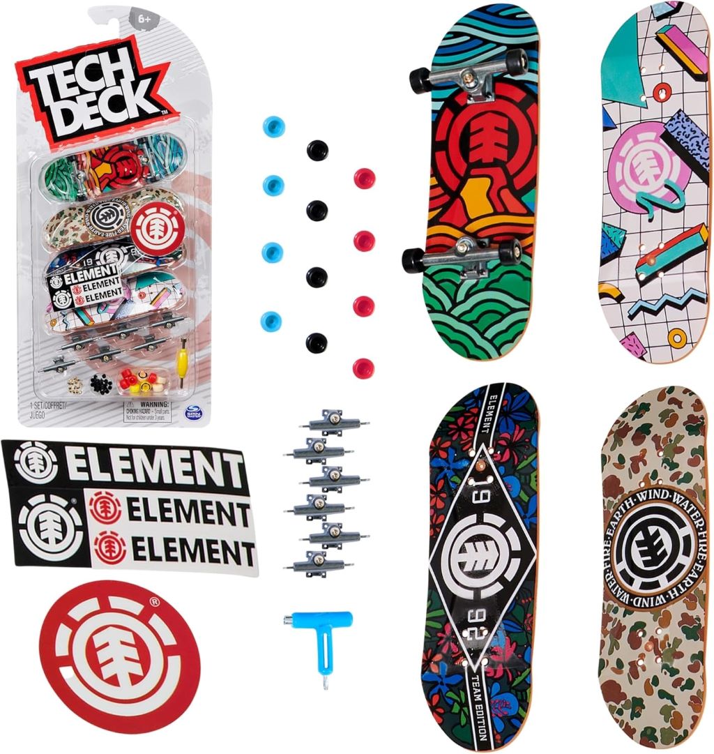 Tech Deck Ultra DLX 4-Pack miniature skateboards with Element designs, perfect for kids 6+.