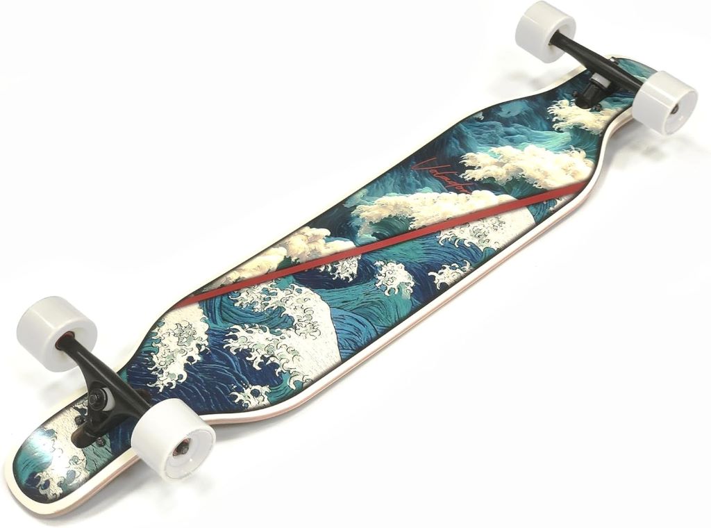 Complete drop-through longboard setup with camber concave and maple deck.