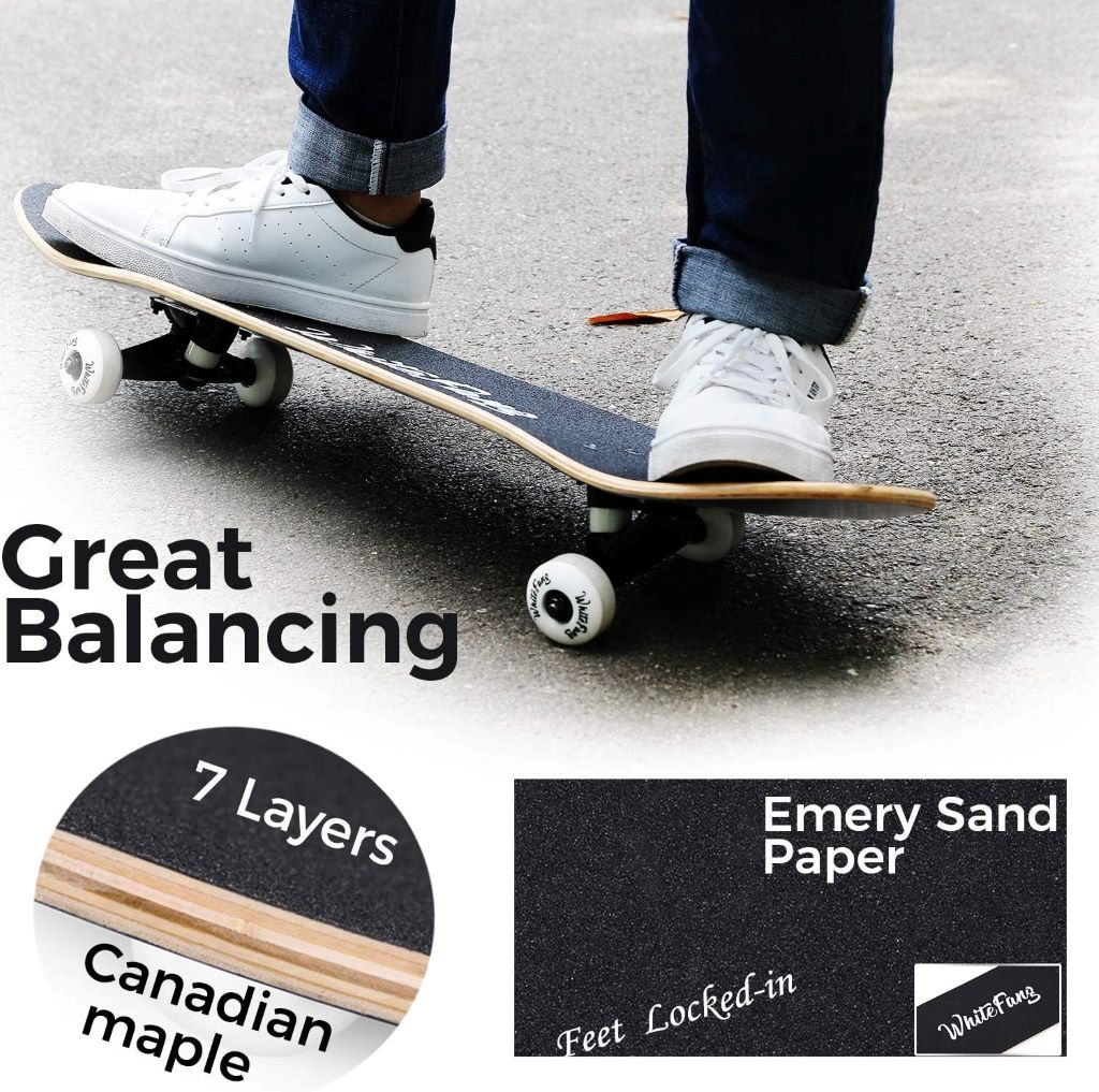 Young skater performing tricks on a WhiteFang 31 beginner skateboard.