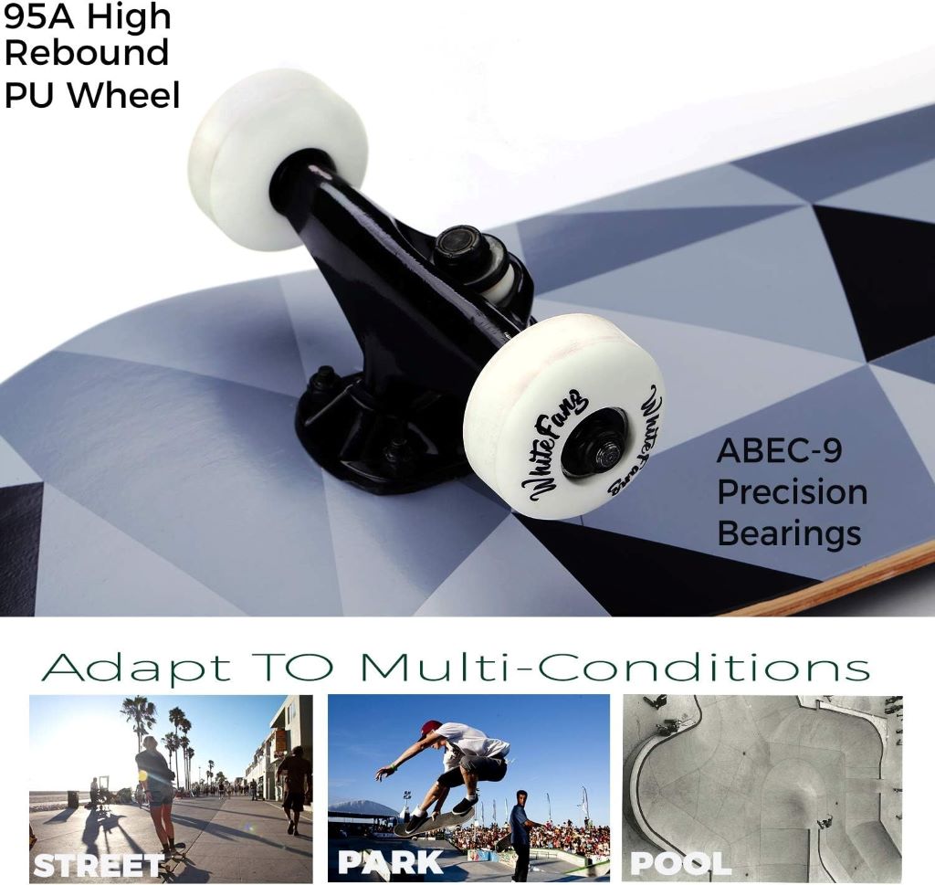 Durable WhiteFang 31 skateboard designed for beginners and kids mastering ollies.