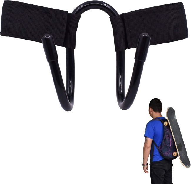 YYST skateboard hanger attached to backpack holding mini cruiser board