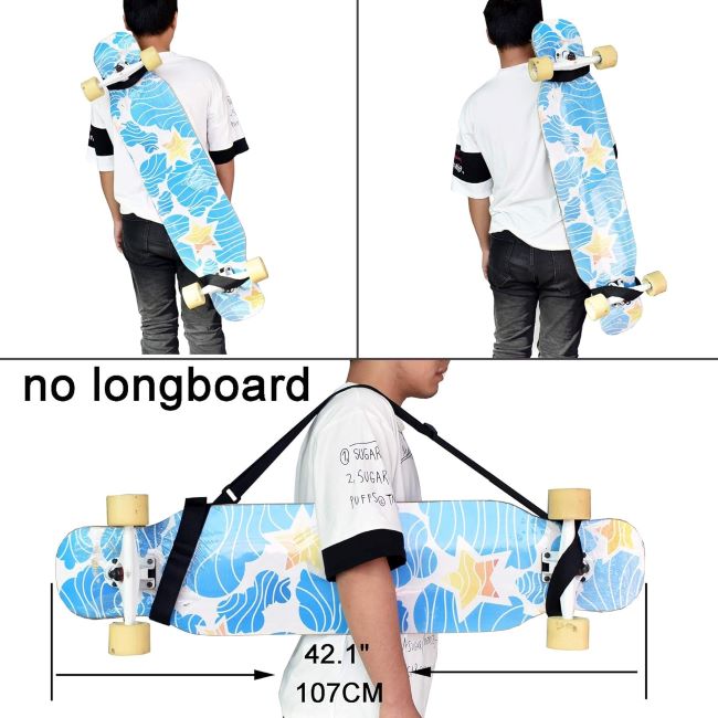 Compact skateboard carry strap that fits all board sizes and folds into your pocket