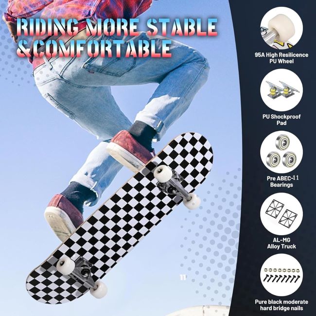 31-inch Anyfun Pro skateboard with double kick concave deck, ideal for beginners