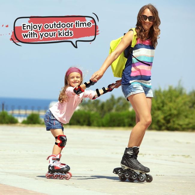 Protective gear set for children including knee and elbow pads for outdoor sports.