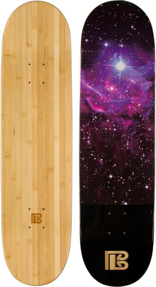 Bamboo skateboard deck with graphic design showing durable eco-friendly construction