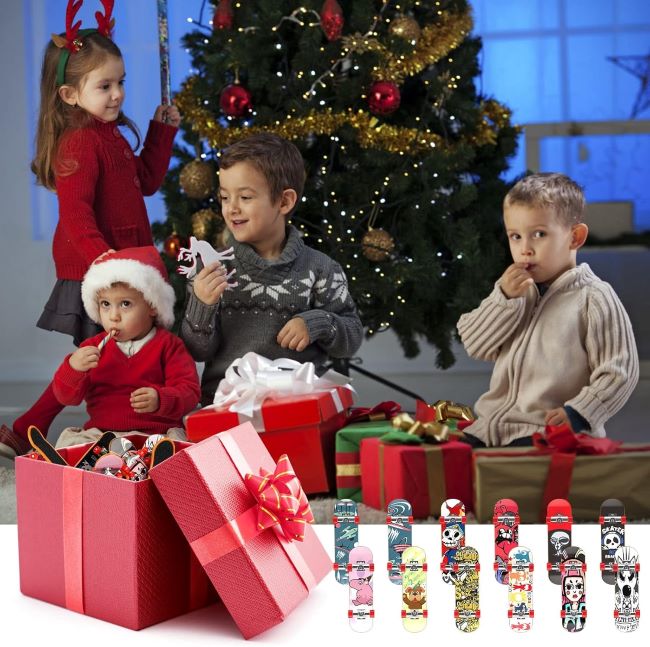 Kids playing with HOMETALL mini fingerboards, 12-piece fun toy set.