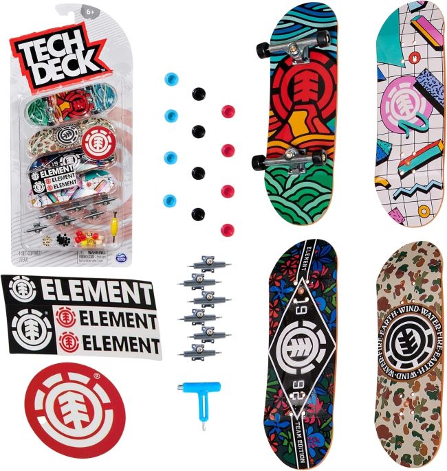 Tech Deck Ultra DLX 4-Pack fingerboards with Element designs for kids’ collectible skateboard fun.