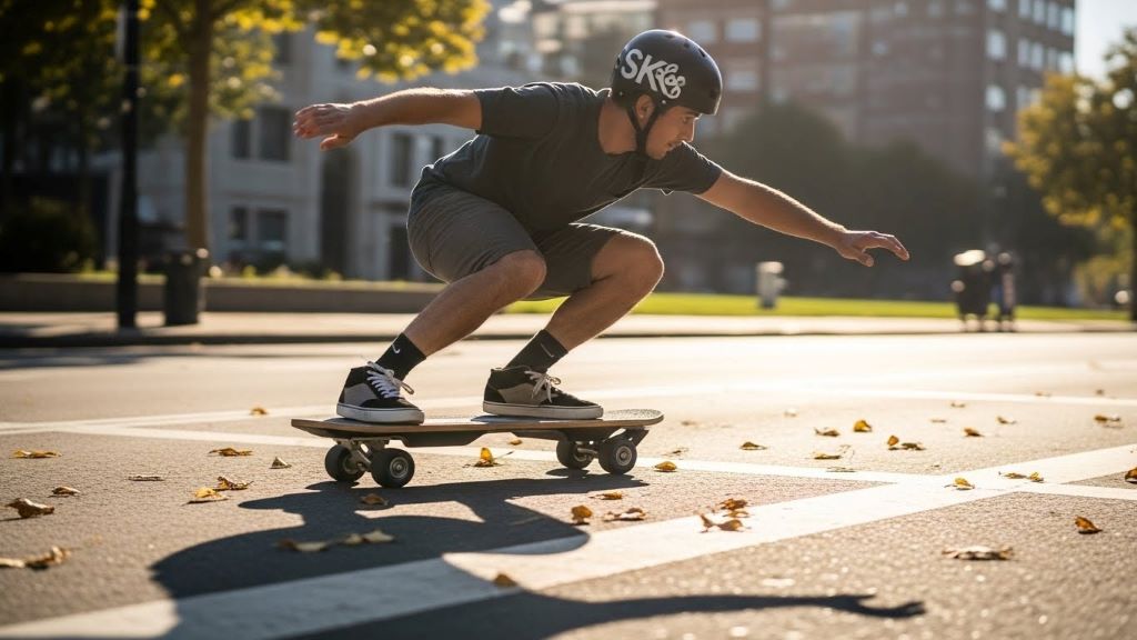 Rider demonstrating wiggling technique on a street surfing skateboard with two-platform design and caster wheels