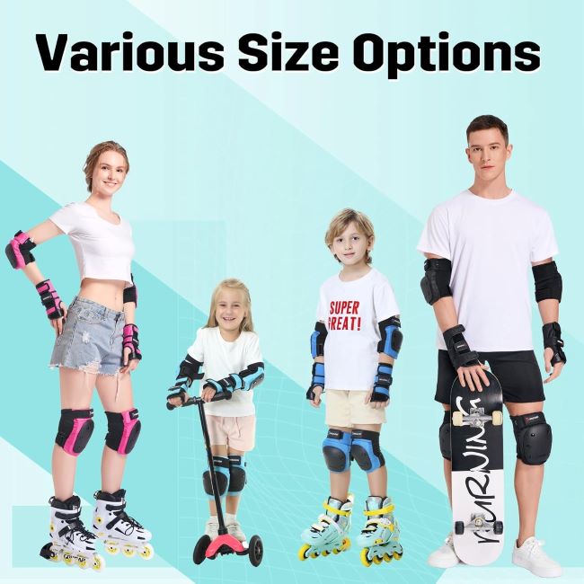 Forzueby adult and kids 6-in-1 protective gear set with knee pads, elbow pads, and wrist guards for skating and BMX