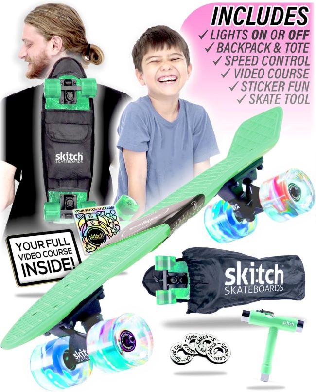 SKITCH beginner skateboard gift set with mini cruiser board, backpack, skate tool, and accessories