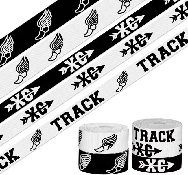Track and field themed grosgrain ribbon rolls in black and white, suitable for wreaths, school events, and DIY decoration.