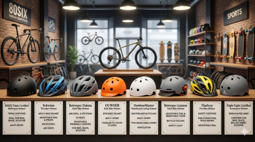 Comparison of affordable bike and skate helmets in California showing different styles for adults and kids in 2026