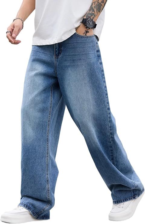 Distressed men’s baggy wide-leg jeans in casual streetwear style with relaxed and oversized fit design.