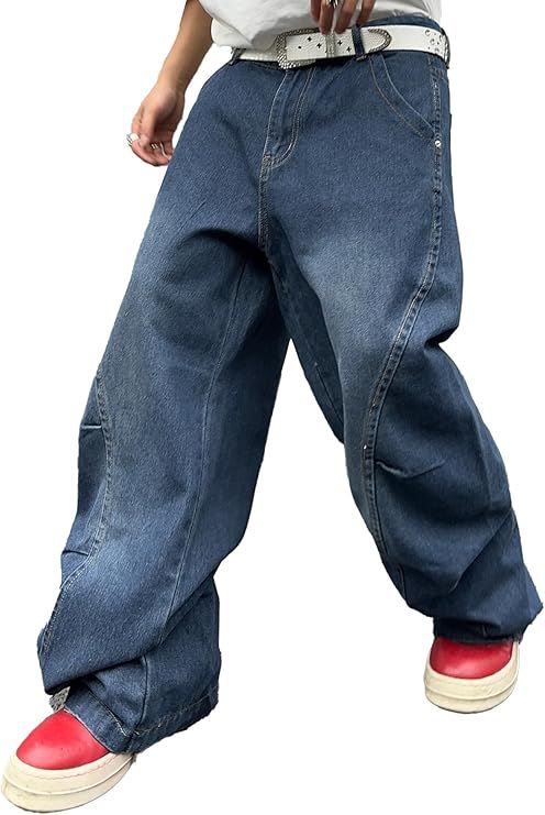 Y2K-inspired men’s baggy wide-leg denim pants with irregular stitched design and relaxed streetwear fit.