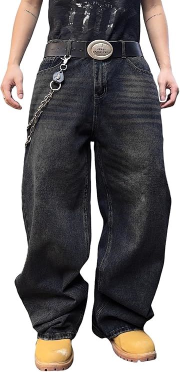 Men’s streetwear skater jeans with wide-leg loose fit design for casual hip hop and urban fashion style.