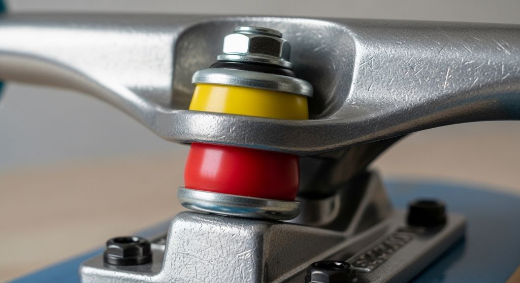 Close-up of a skateboard truck with cone and barrel bushings installed on the kingpin