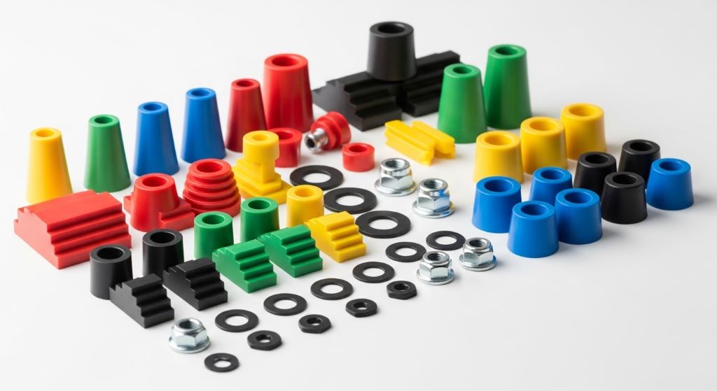 Assorted skateboard bushings in different shapes and durometers arranged on a white surface