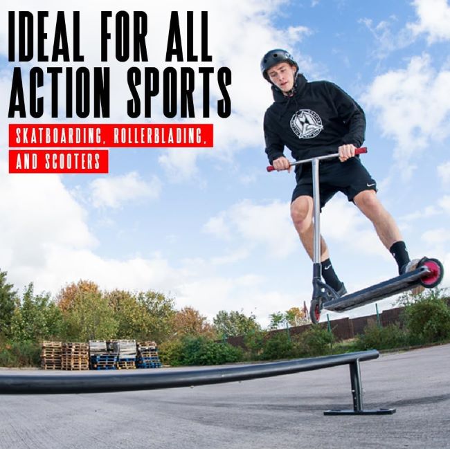 Madd Gear round grind rail for scooters and skateboards with adjustable height and heavy-duty durable metal construction.