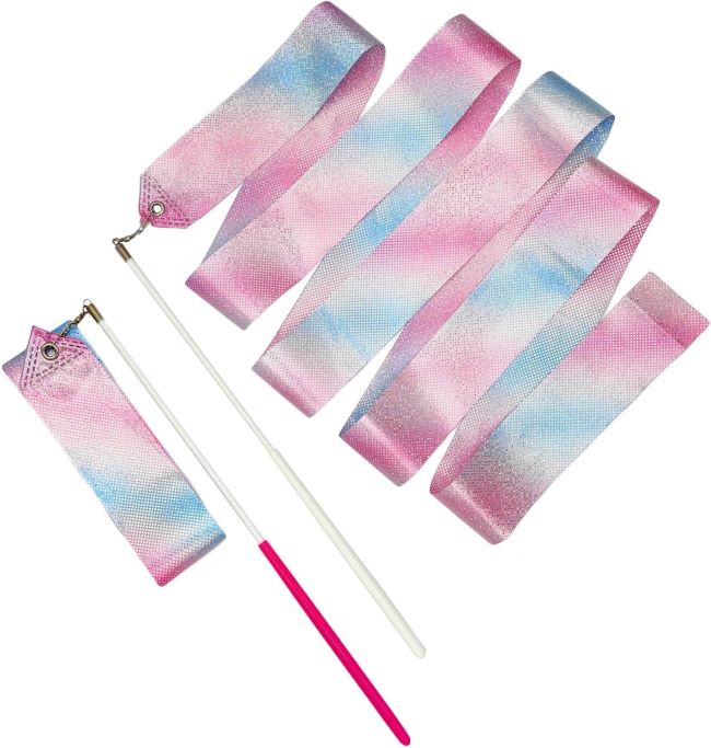 Gymnastic sparkle ribbon streamers with wand handles for rhythmic dance, training, and artistic performance routines.