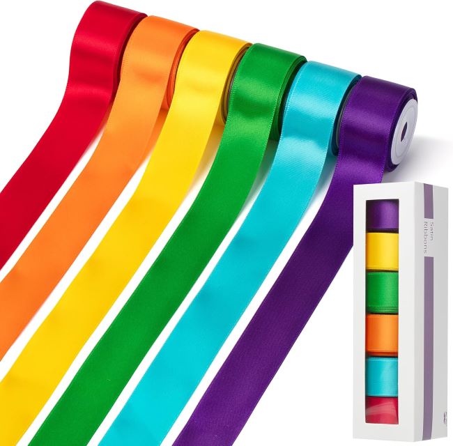 Multi-roll satin rainbow ribbon set for crafts, gift wrapping, sewing, and colorful decorative projects.