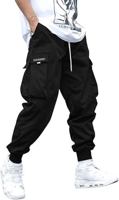 Men’s elastic waist jogger cargo pants with flap pockets and graphic streetwear design for casual comfort styling.
