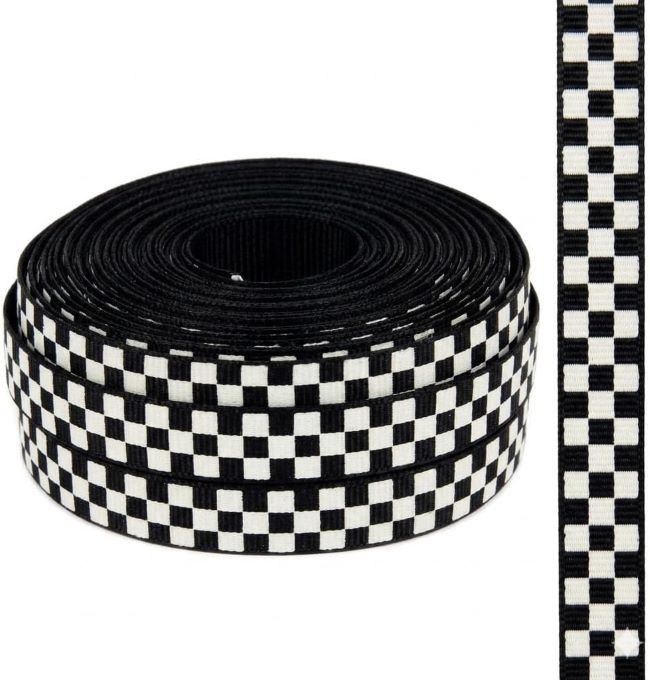 Black and white checkered grosgrain ribbon roll for hair bows, crafts, and decorative trimming with narrow 3/8-inch width.