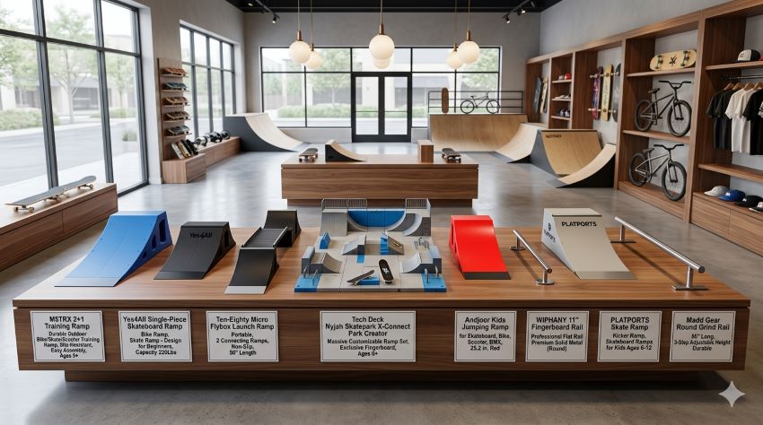 Kids using a safe backyard skate ramp in Texas while riding a skateboard and BMX bike during practice session.