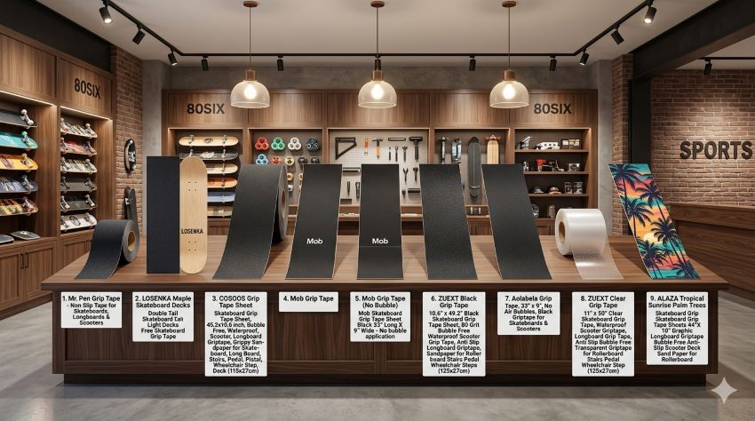 Close-up of skateboard grip tape in California showing strong anti-slip texture for better control and safer riding.