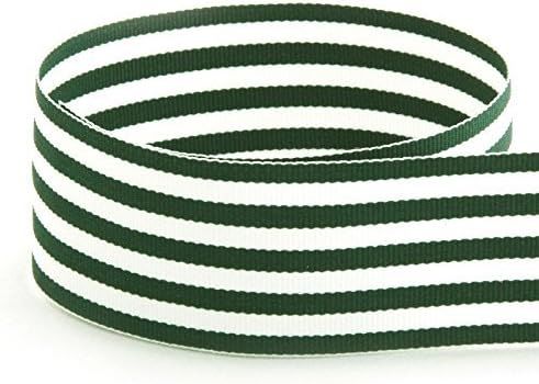 American-made striped grosgrain ribbon in hunter green and white for crafts, gift wrapping, and decorative styling.