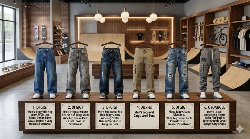 Men wearing affordable baggy skate pants in New York streetwear style, showing loose fit and urban fashion look in 2026.