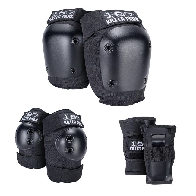187 Killer Pads six pack protective gear set in black with knee, elbow, and wrist pads for skateboarding and roller skating safety