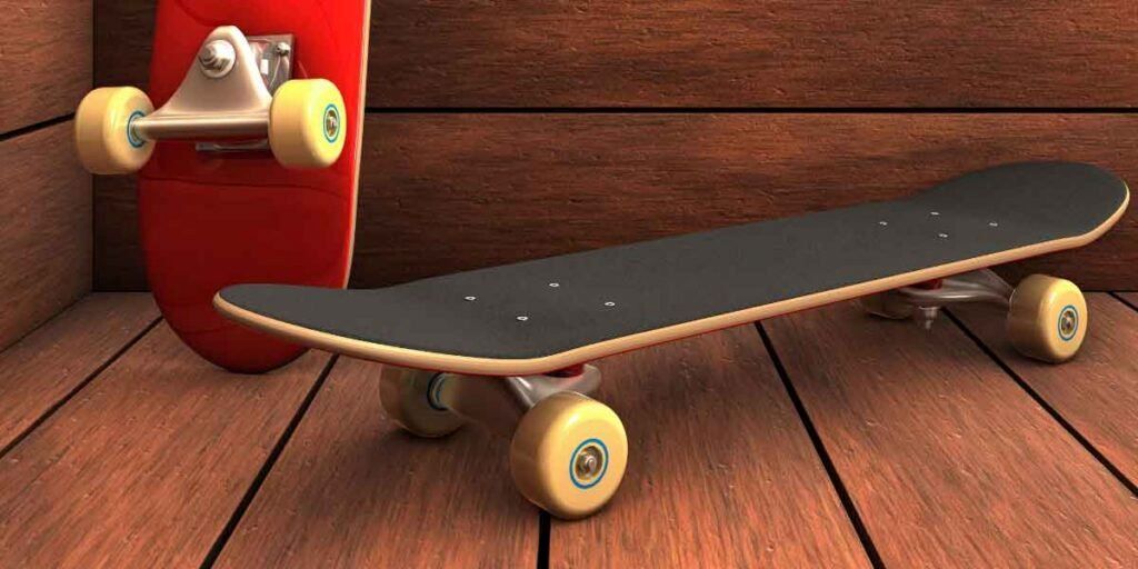 Skater applying grip tape to a skateboard deck for improved balance and safety