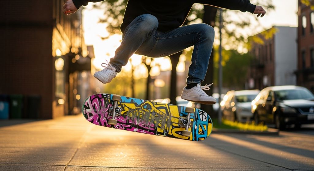 A skateboarder performing a kickflip on a city street with a popsicle deck
