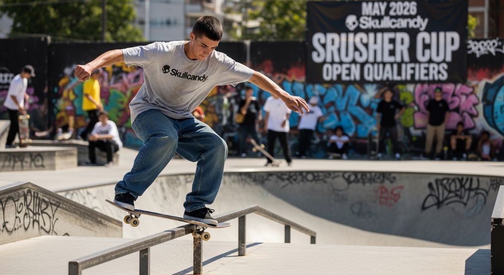 Young skater practicing a nosegrind on a metal rail at a skatepark in preparation for the May 2026 Skullcandy Crusher Cup Open Qualifiers