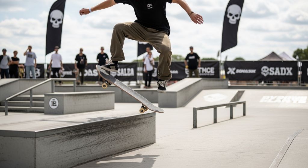 Skateboarder landing a clean kickflip on a street ledge at an outdoor competition course similar to the Skullcandy Crusher Cup qualifiers