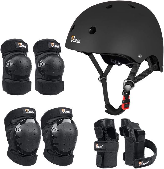 JBM skating protective gear set for kids and adults with helmet, knee pads, elbow pads, and wrist guards for beginner to advanced riders