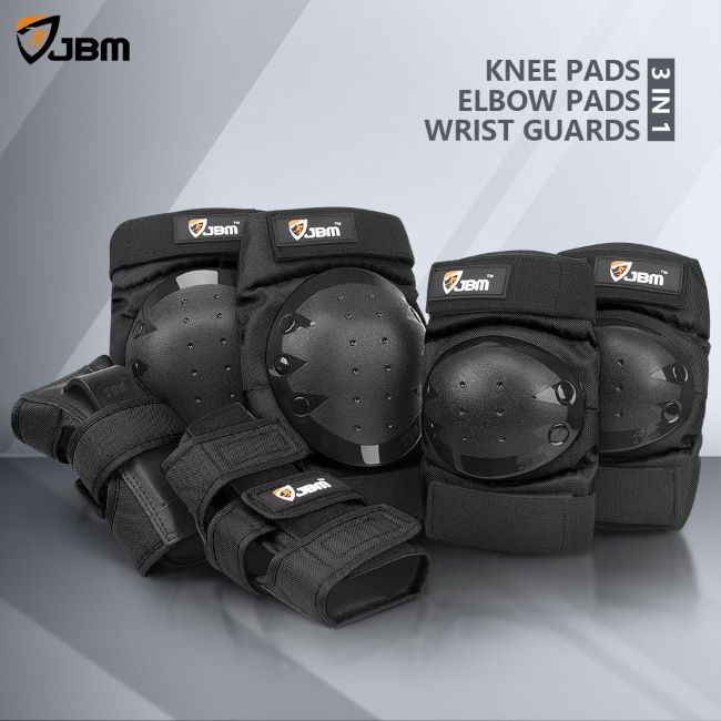 JBM knee and elbow pads with wrist guards for kids and adults, designed for skateboarding, roller skating, and scooter safety protection
