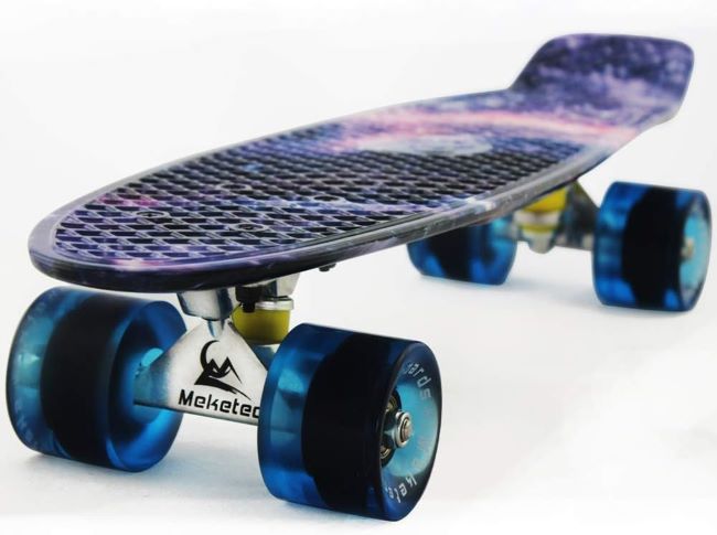 Meketec 22 inch mini cruiser skateboard Purple Galaxy design for kids and beginners with retro style deck and smooth wheels