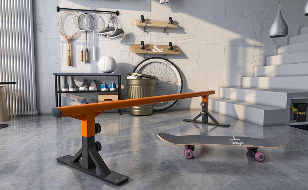 Portable grind rail set up outdoors for skateboard practice in a driveway