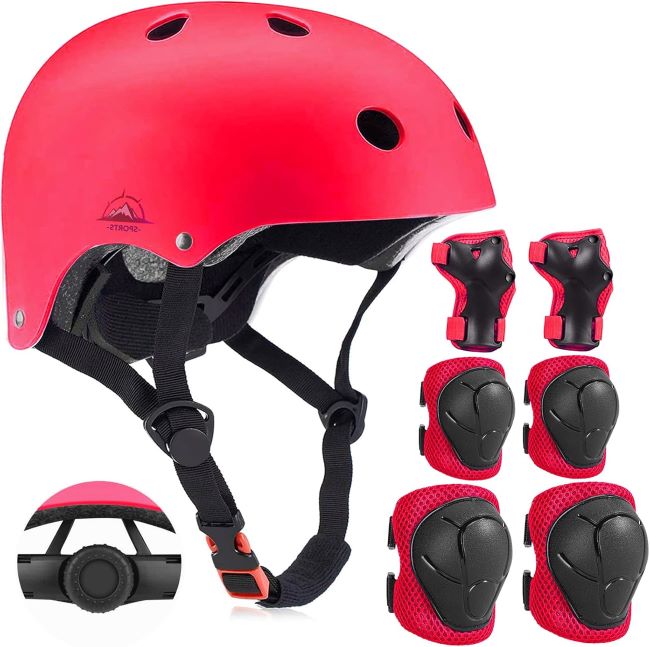 TCCVANAS adjustable kids helmet safety set with knee pads, elbow pads, and wrist guards for skating, biking, and skateboard protection